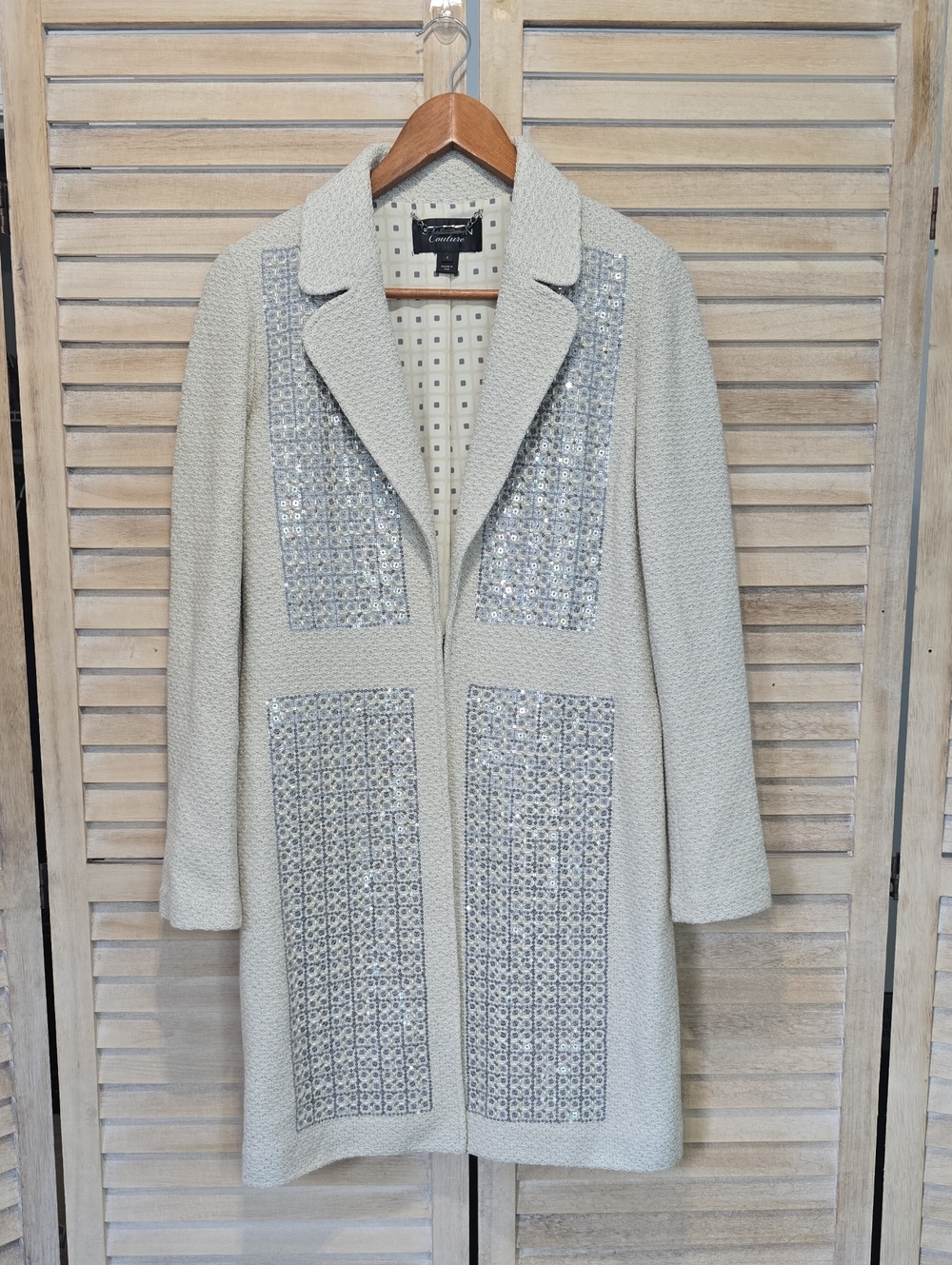 St. John Couture Ivory Sequin Knit Windowpane Duster Jacket Evening